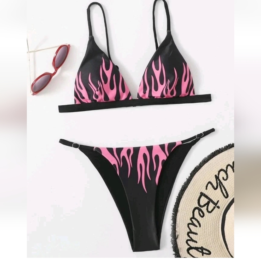 Romwe Flames 2pc Bikini Triangle Swimsuit Pink Black Cheeky Punk Metal Tanga M